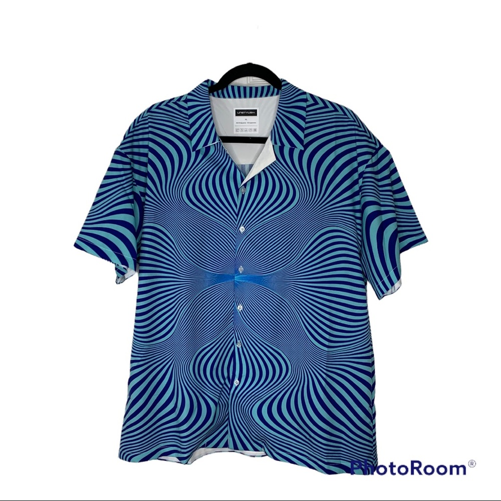 Blue swirl geometric print Cuban collar Hawaiian shirt mens